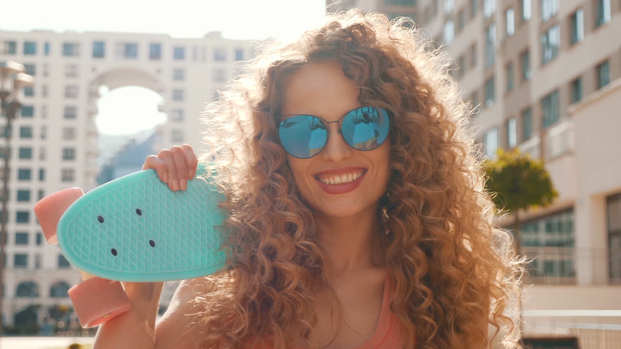 곱슬머리와 선글라스를 가진 젊은 여성이 도시에서 스케이트보드를 들고 있습니다.