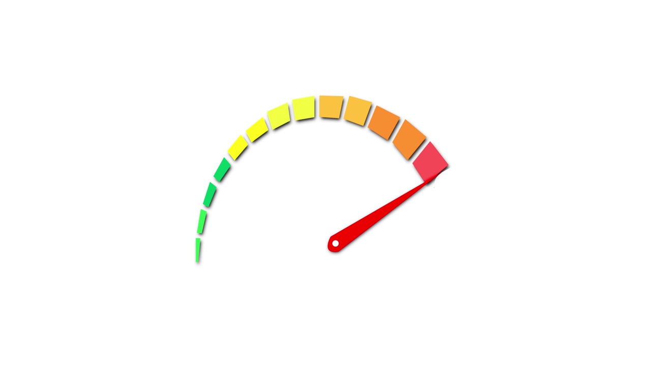 Icono de velocímetro limpio, fondo con segmentos de escala de colores, aguja roja y espacio en blanco