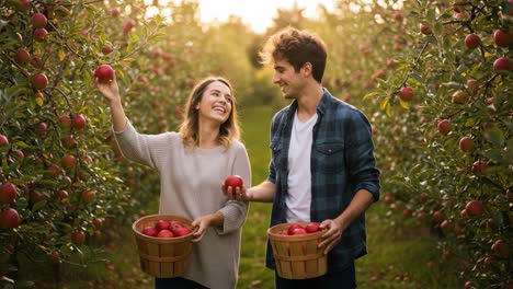 Couple picking apples in an orchard