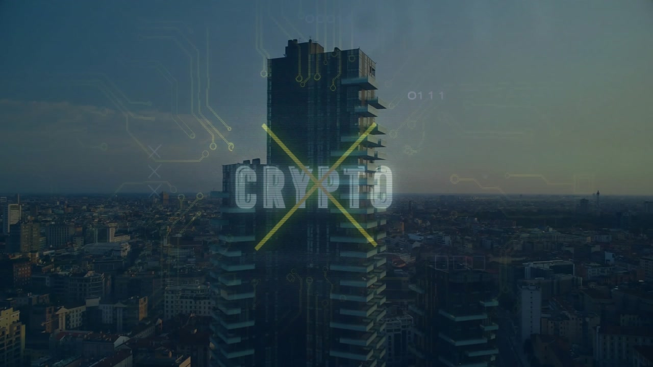Glitching crypto letters flickering shifting yellow fragmenting to show blockchain volatility
