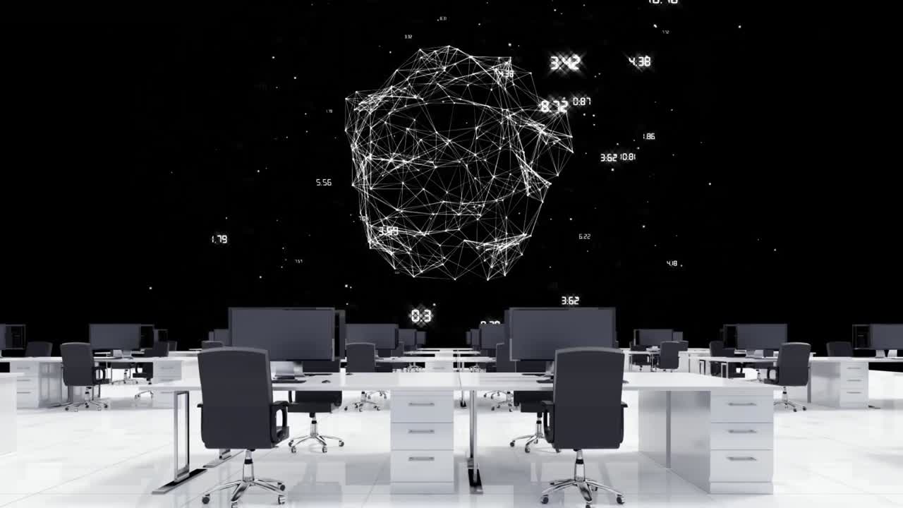 Empty office against globe of network of connections on black background