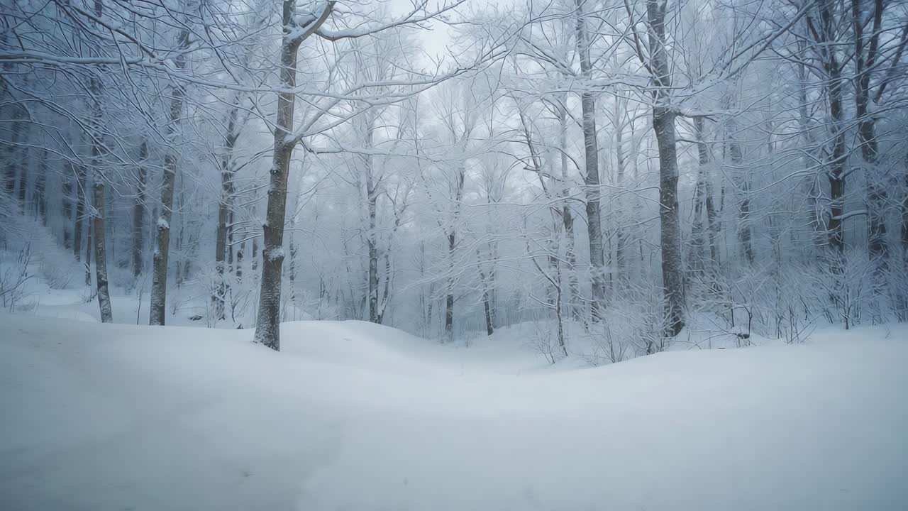 Panoramica della telecamera in avanti, rivelando una radura innevata con cumuli e tronchi spogli, che mostra tranquillità