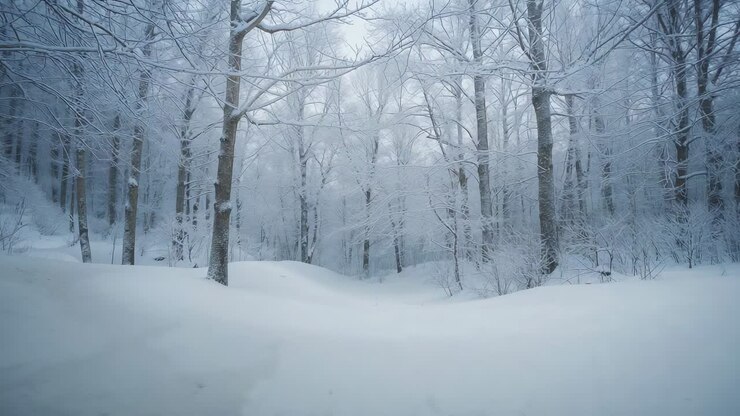 Panoramica della telecamera in avanti, rivelando una radura innevata con cumuli e tronchi spogli, che mostra tranquillità