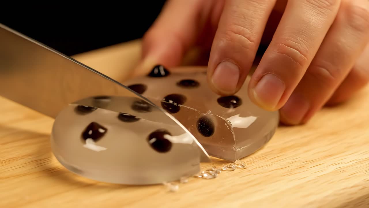 Cutting a boba dessert