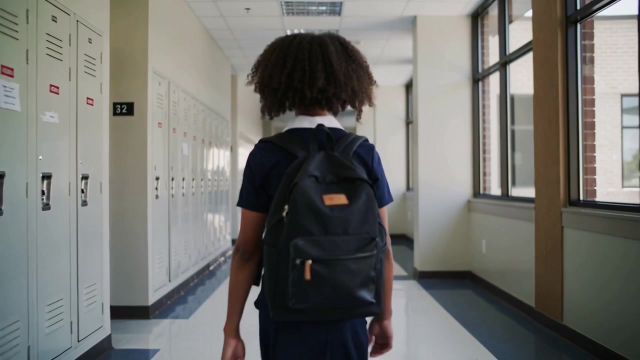 Walking student wearing dark uniform and black backpack down school hallway past locker 32 windows