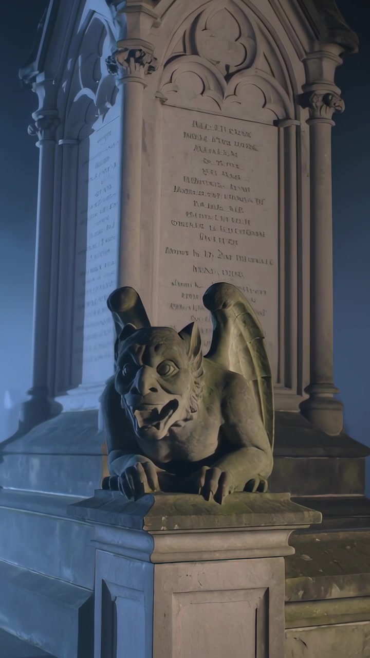 Video verticale: Telecamera in movimento che rivela un gargoyle di pietra su un piedistallo di cimitero, mostrando il volto e l'epitaffio
