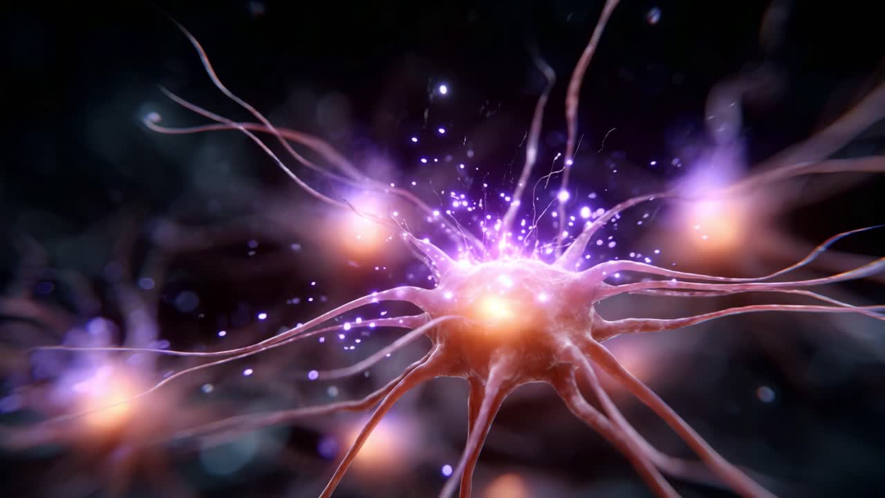 Stunning Visual Representation of Neurons with Colorful Energy Connections and Particles, Showing the Complexity of Nervous System Interactions at a Cellular Level