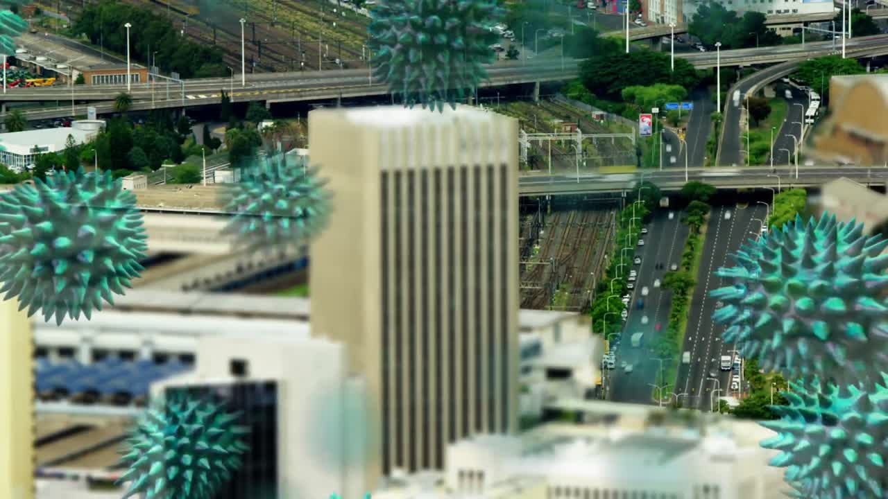 맥로 코로나 바이러스가 도시 풍경을 배경으로 퍼지고 있습니다.