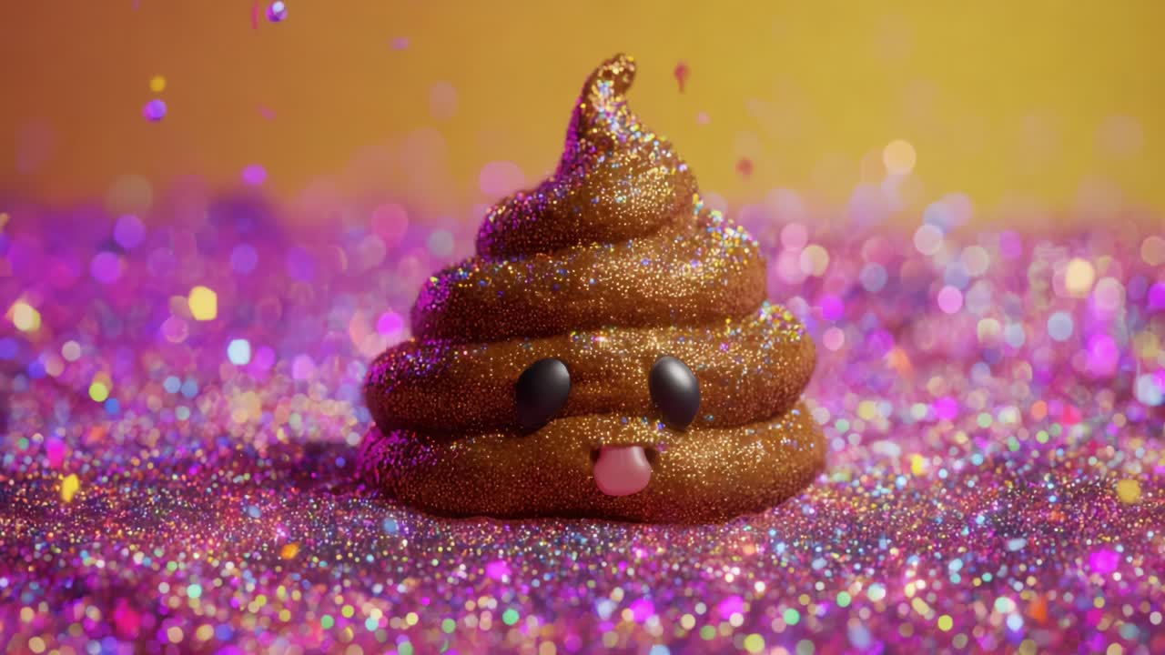 Ciondolo emoji di cacca scintillante e luccicante: un personaggio stravagante e giocoso che risplende di gioia in un mare di scintillii e glitter colorati in un ambiente magico