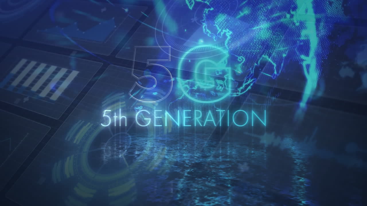 5G technology animation with digital world map and 5th Generation text