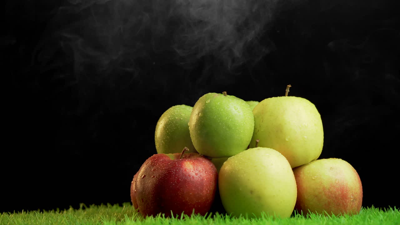 montón de manzanas de diferentes colores sobre fondo negro con vapor de humo encima