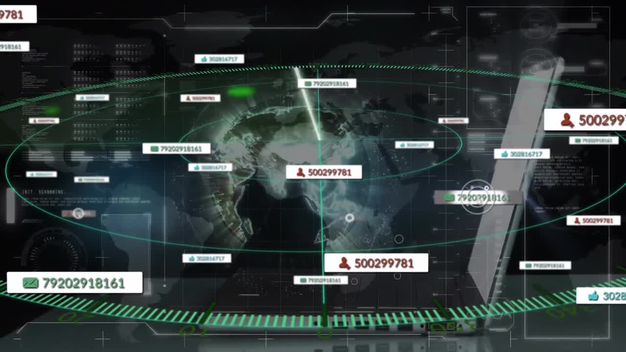 미디어 아이콘의 애니메이션과 블랙 배경에 지구와 스캐너에 대한 데이터 처리