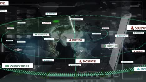 animation of media icons and data processing over globe and scanner on black background