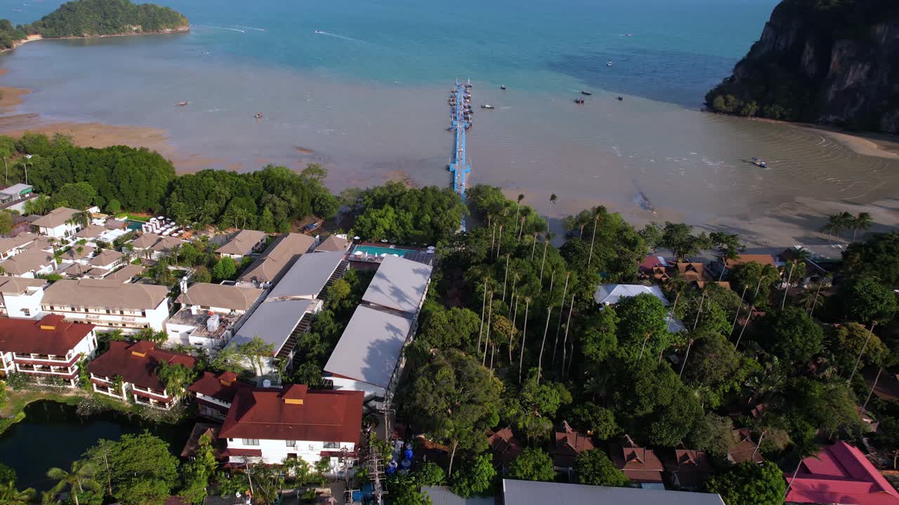 Aerial View of East Railay Beach, Pier and Buildings on Sunny Day, Krabi Province, Thailand