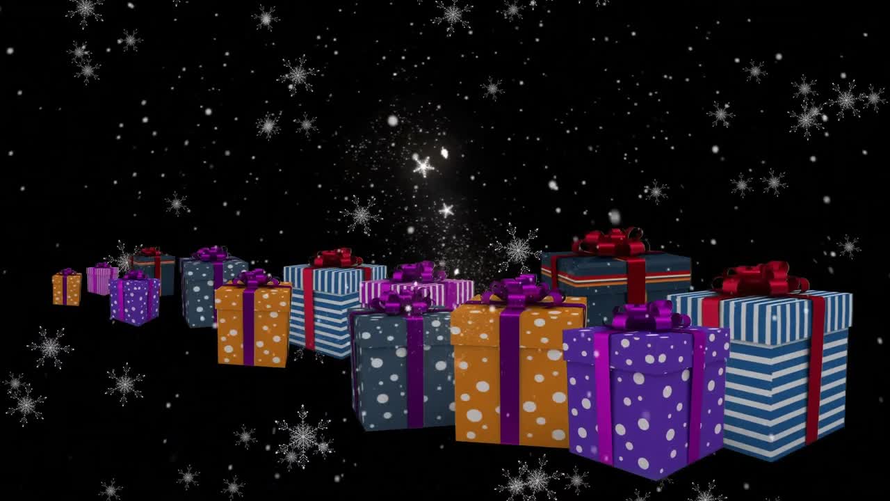 animación de nieve cayendo sobre regalos de navidad en fondo negro