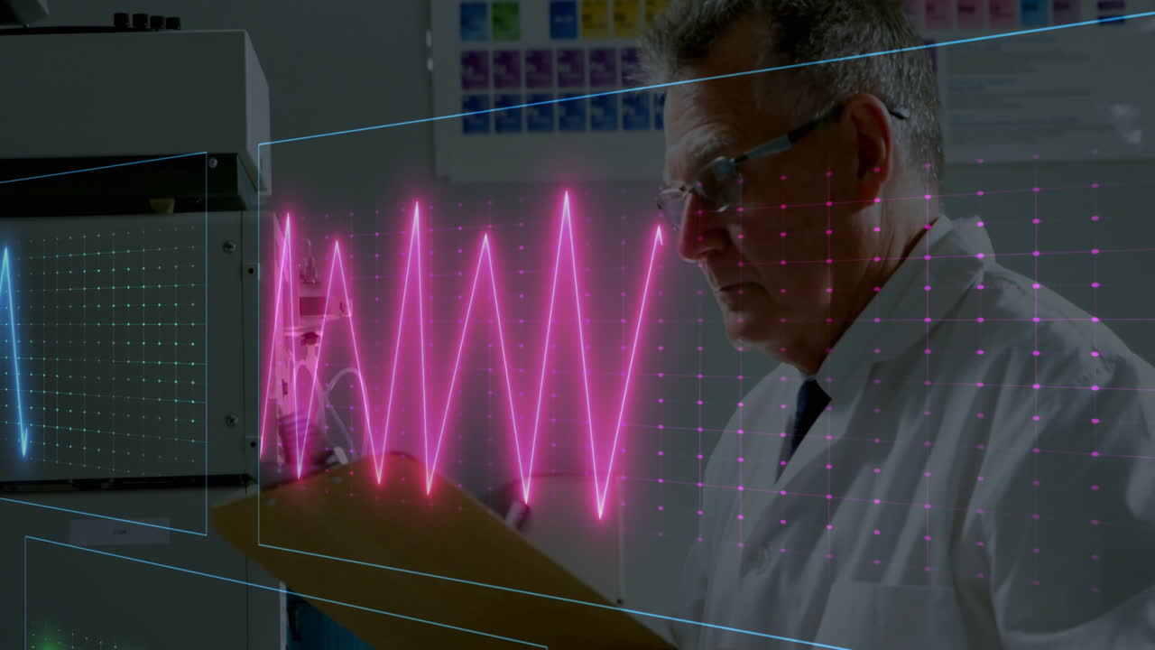 Analyzing medical charts, doctor reviewing with colorful heartbeat animation overlay