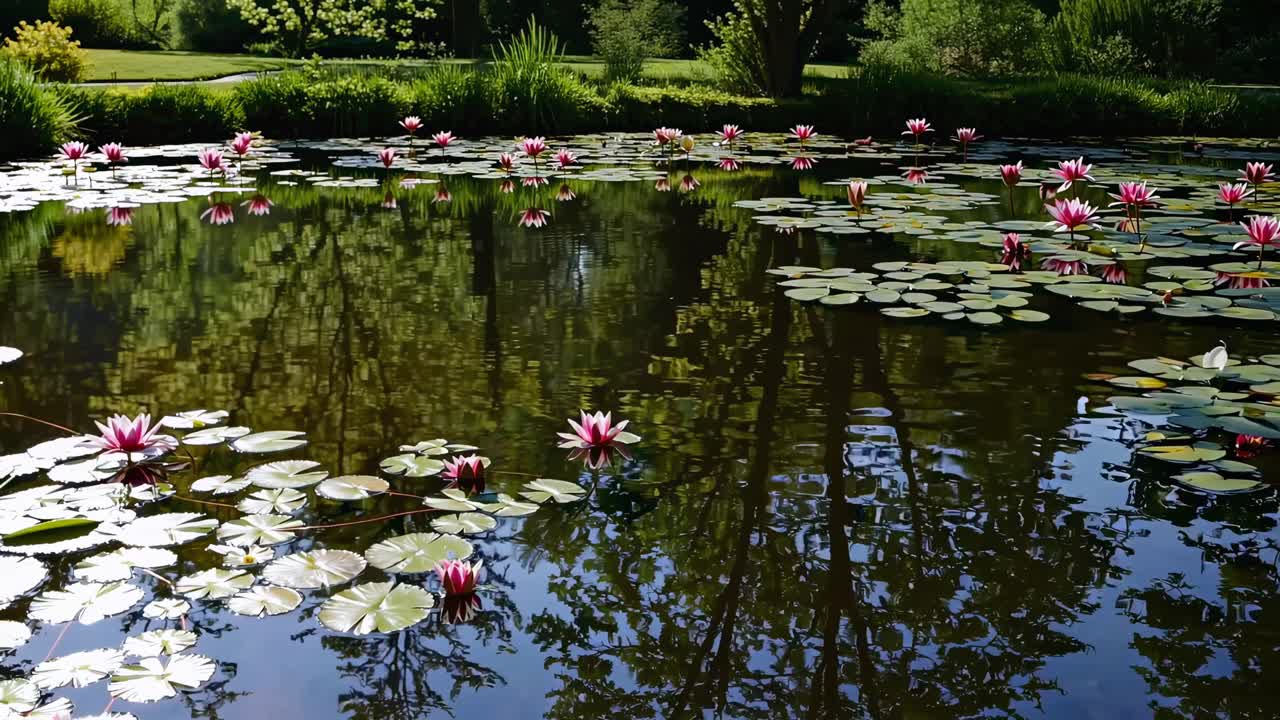 Tranquil pond with pink water lilies, captured from a low angle