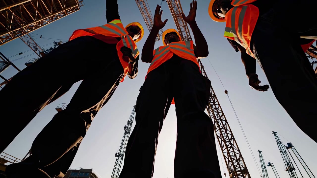 Silhouetted Construction Workers Discussing at Crane Site with Sun Flare