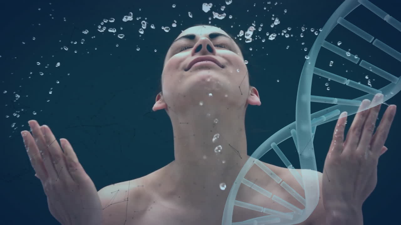 Animation of caucasian woman sprinking with water and dna strand spinning over dark background