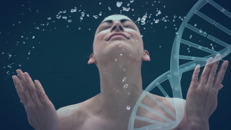 animation of caucasian woman sprinking with water and dna strand spinning over dark background