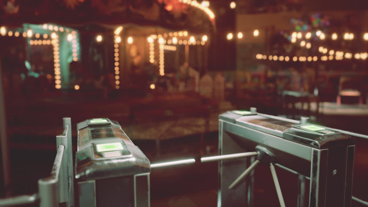 An empty amusement park entrance at night illuminated by festive lights