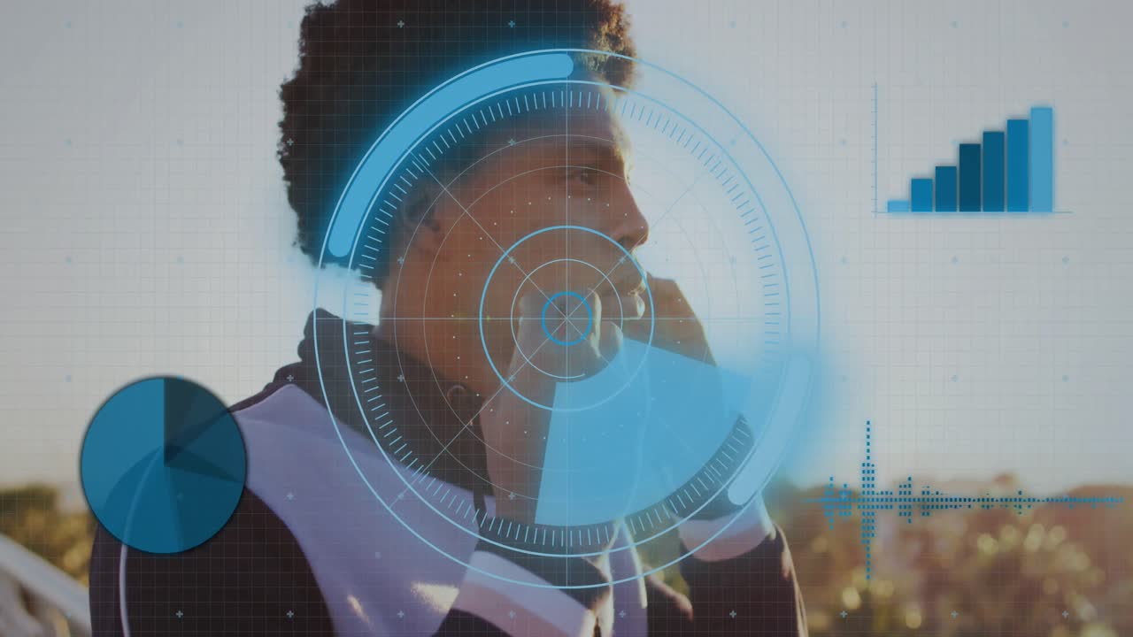 animación de escaneo de alcance sobre un hombre afroamericano usando un teléfono inteligente.