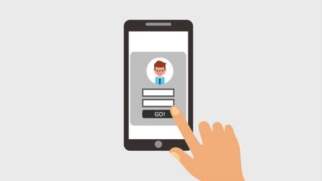 la mano sostiene el teléfono inteligente y el dedo toca la página de inicio de sesión de la pantalla