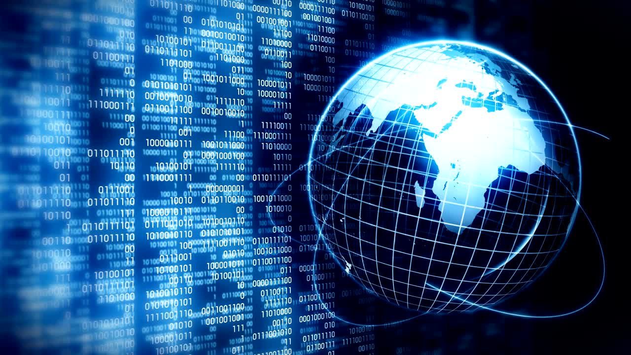 Planet earth with background of binary digits. Binary numbers around global earth. High tech technological loop animation. Number zero and one.