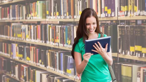 Animation-of-book-week-text-over-caucasian-female-student-holding-tablet-in-library