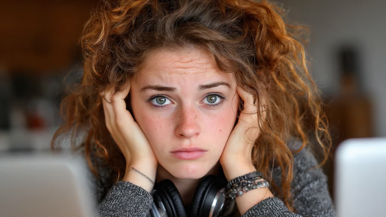 Una giovane donna con i capelli ricci e le cuffie mostra visibile frustrazione, si tiene la testa e guarda la fotocamera con espressione preoccupata in un ambiente informale