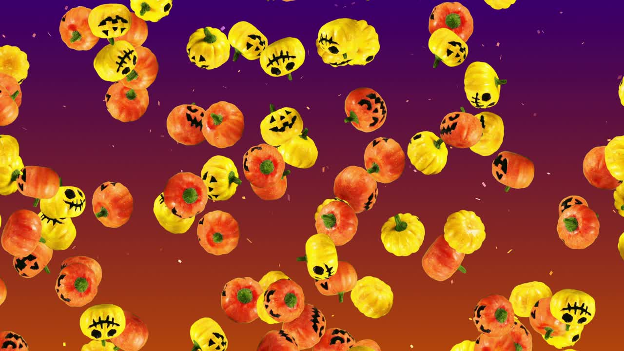 많은 오렌지색과 노란색의 호박을 날아다니며, 그라디언트 배경, 미소로 만화 얼굴, 할로윈 휴가에 대한 3d 애니메이션, 루프 애니메이션.