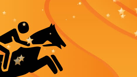 animación de caballo con icono de jinete y estrellas sobre fondo naranja
