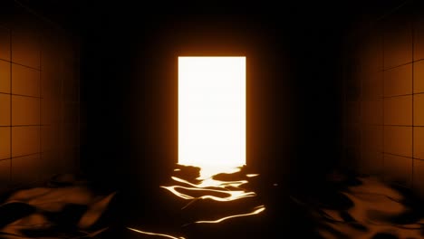 a glowing doorway in a dark room