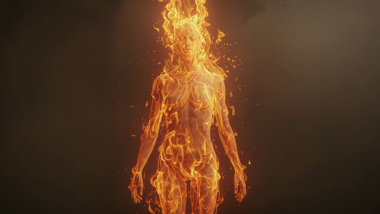 Pulsing flame humanoid figure intensifying after ember surge on smoky stage, showing filaments