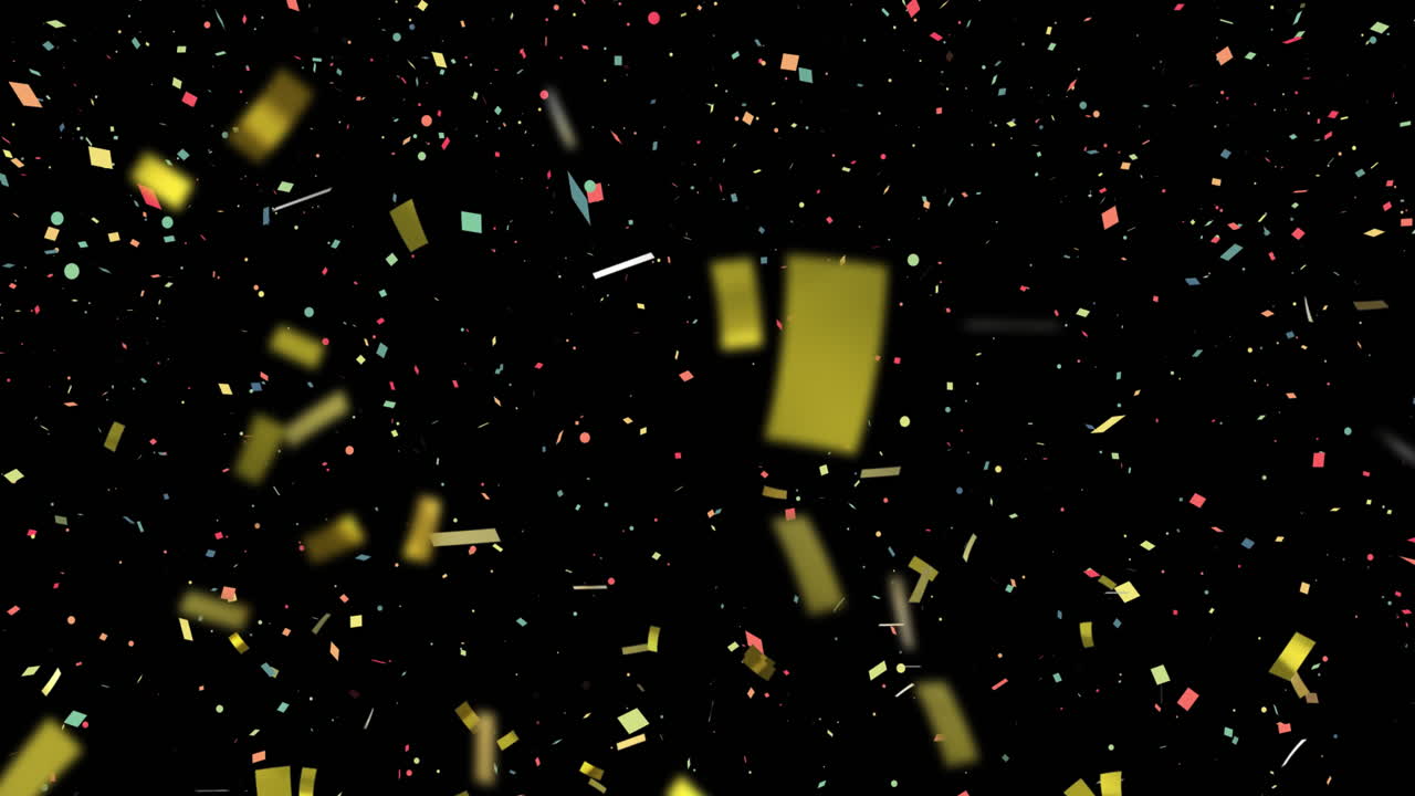 Animazione di coriandoli dorati e colorati che cadono su sfondo nero