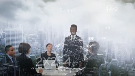 animation of data processing over diverse business people in office