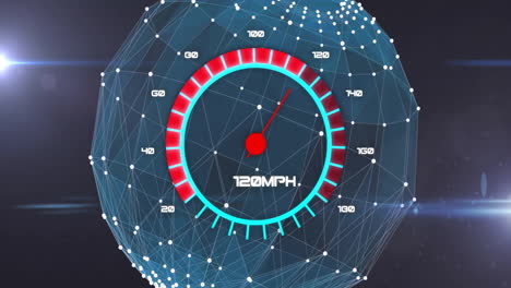 animation of internet speedometer and network of connections over globe