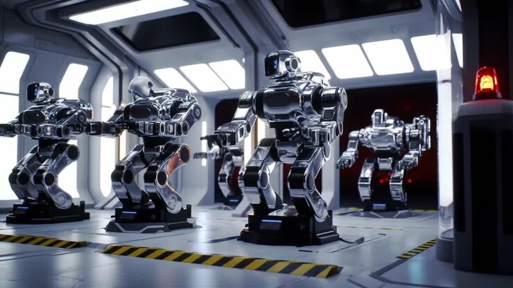 Futuristic Robot Assembly Line: A Glimpse into Advanced Robotics and Automation in a High-Tech Environment with Reflective Chrome Surface and Precision Engineering