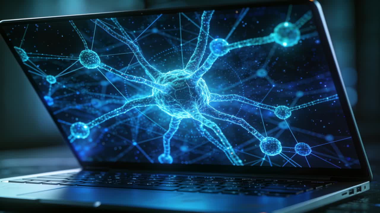 Vertical video: laptop booting neural net pulsing screen camera zooming keys glowing blue for tech