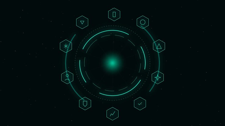 Futuristic Digital Interface with Rotating Icons and Glowing HUD Elements