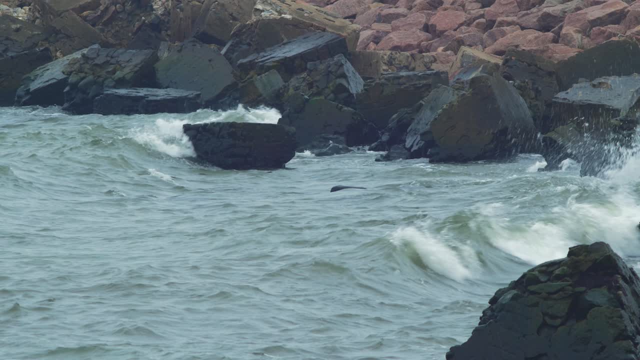 부두 벽과 돌을 따라 부서지는 롤링 파도, 흐린 가을날, 기후 변화, 중간 샷