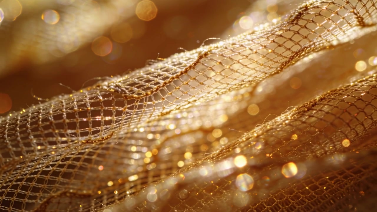 Rippling gold metallic mesh fabric shifting focus under warm studio light showing diamond pattern