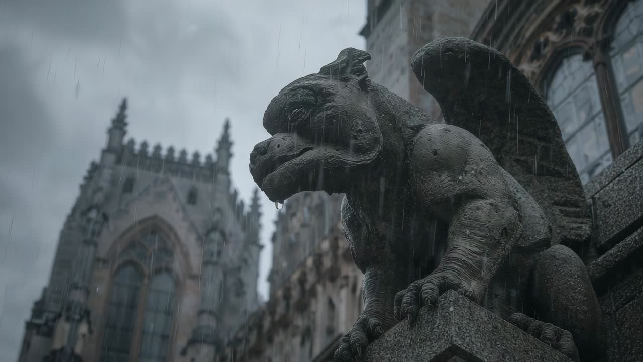 Ripresa panoramica con camera che rivela un gargoyle di pietra accovacciato sulla sporgenza di una cattedrale, mostrando la lavorazione della pietra e le gocce di pioggia