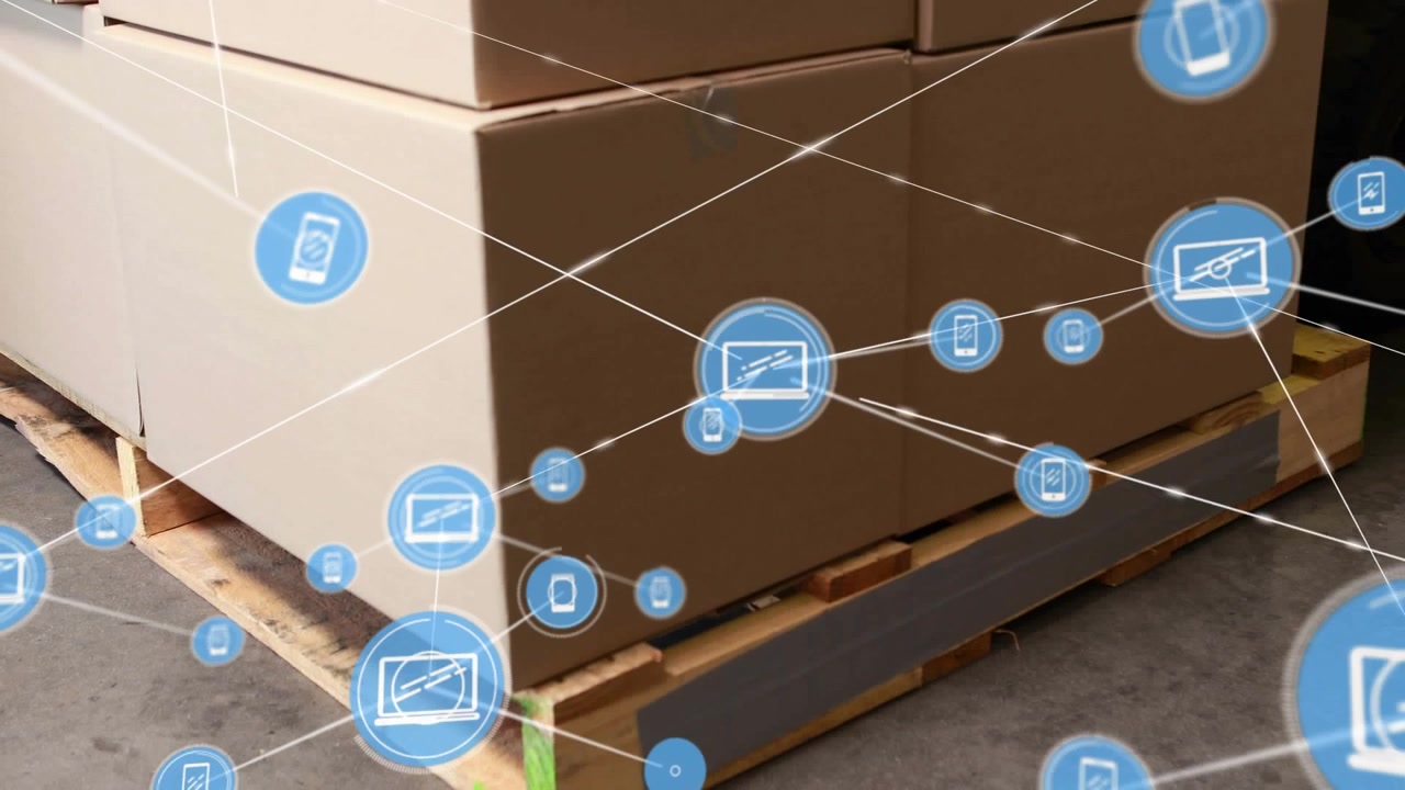 Animation d'un réseau de connexions au-dessus d'un entrepôt