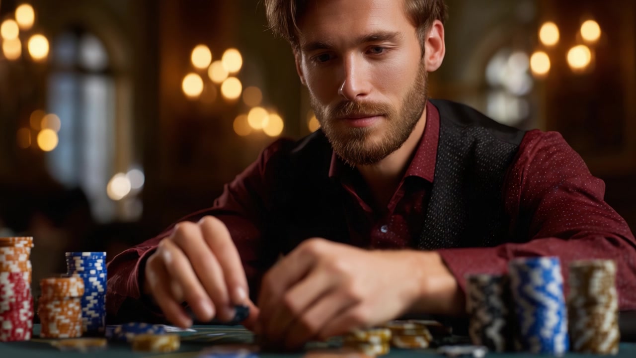Um Jogador Focado Jogando Poker Estrategicamente com Fichas Coloridas em um Cenário de Cassino Luxuoso, Destacando Concentração Intensa e Dinâmica de Jogo.