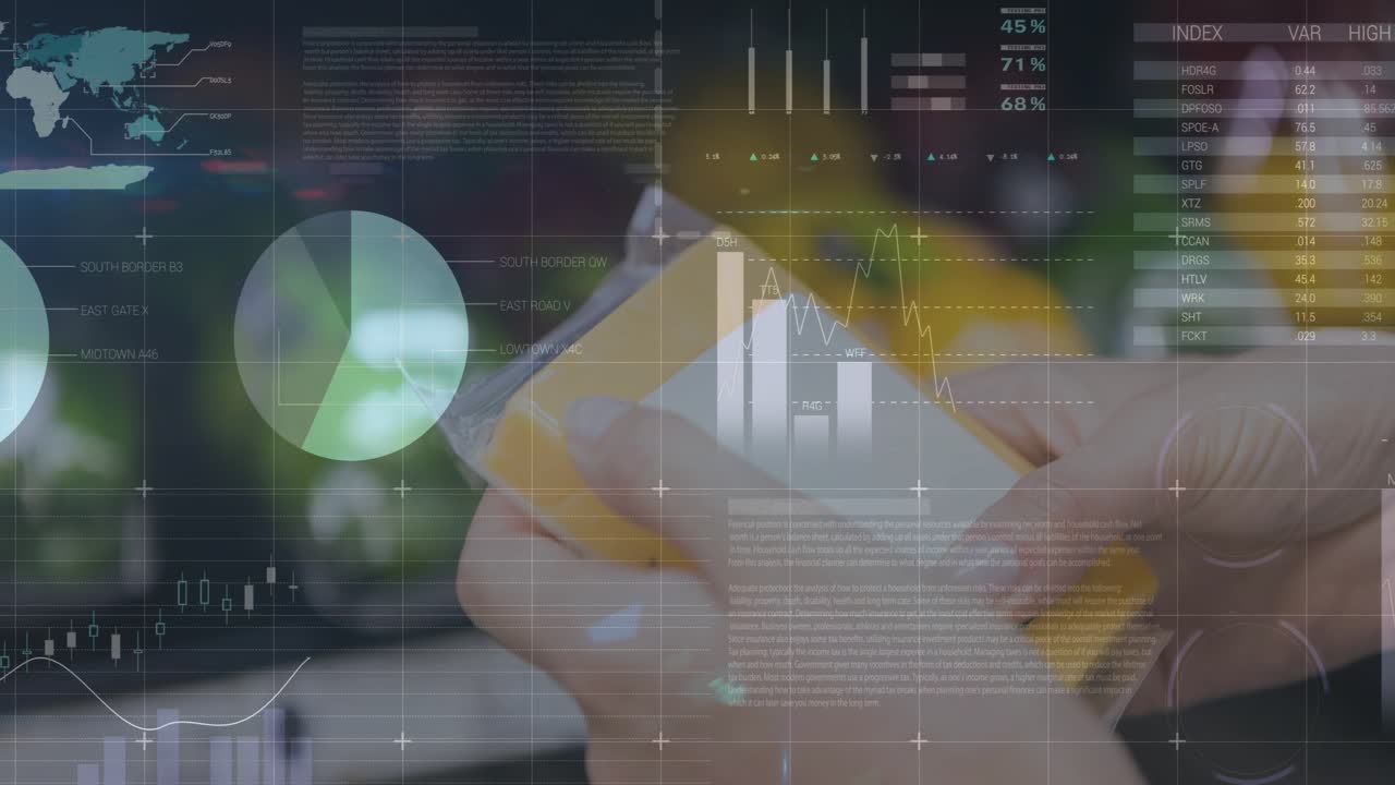 Hands cradling white card yellow edge, rotating revealing charts, percent data, map showing data