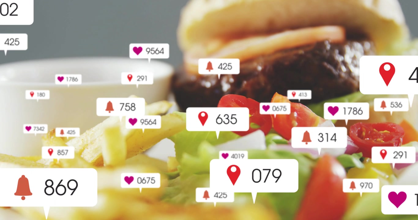 Multiplicerende badges, der opstår fra 524 over en studieplade, viser likes for sesamburger og fritter.