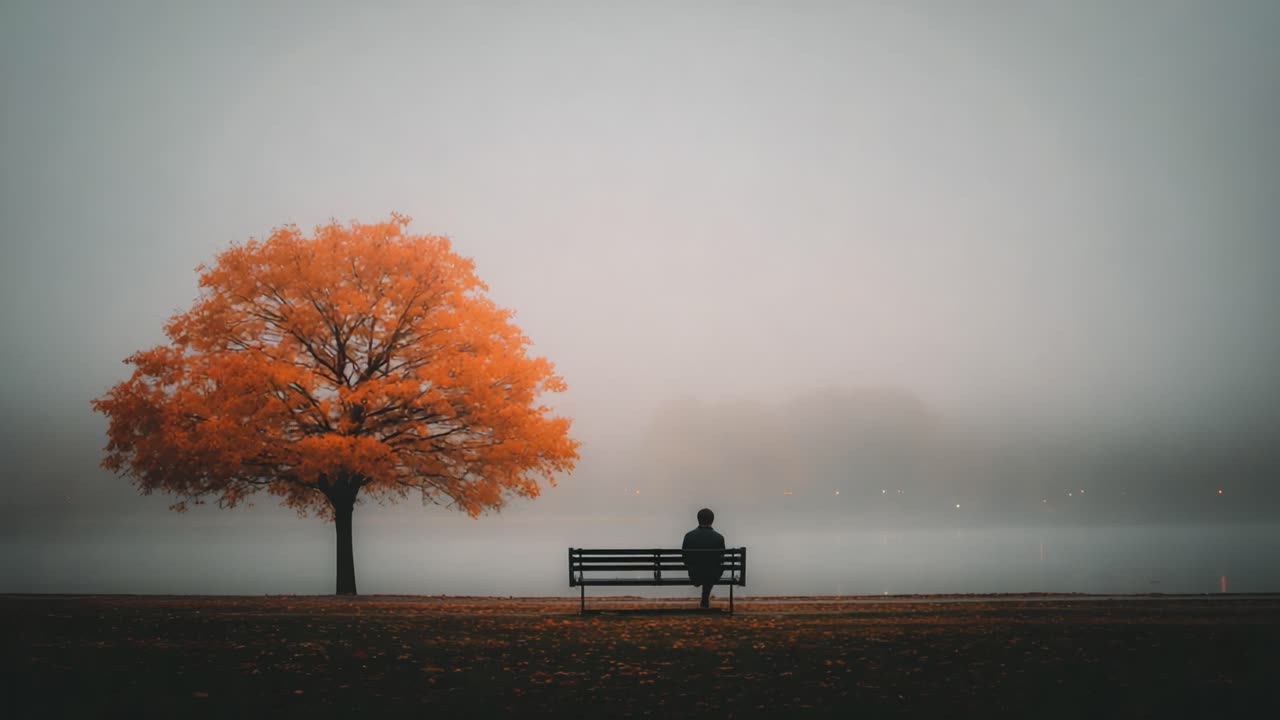 Une silhouette solitaire contemple la beauté de l’automne : une scène matinale brumeuse capturant l’immobilité de la nature avec un arbre orange vibrant et des eaux calmes en arrière-plan