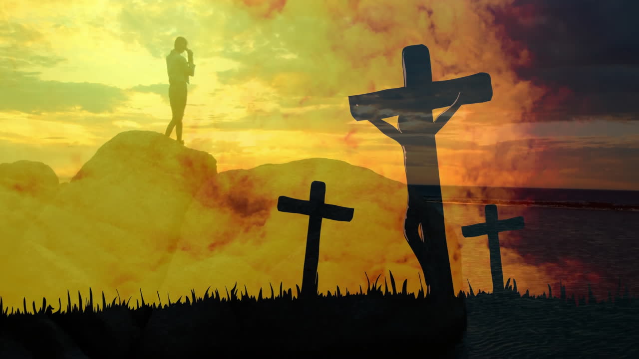 Person praying with silhouetted crosses against vibrant sunset sky in animation