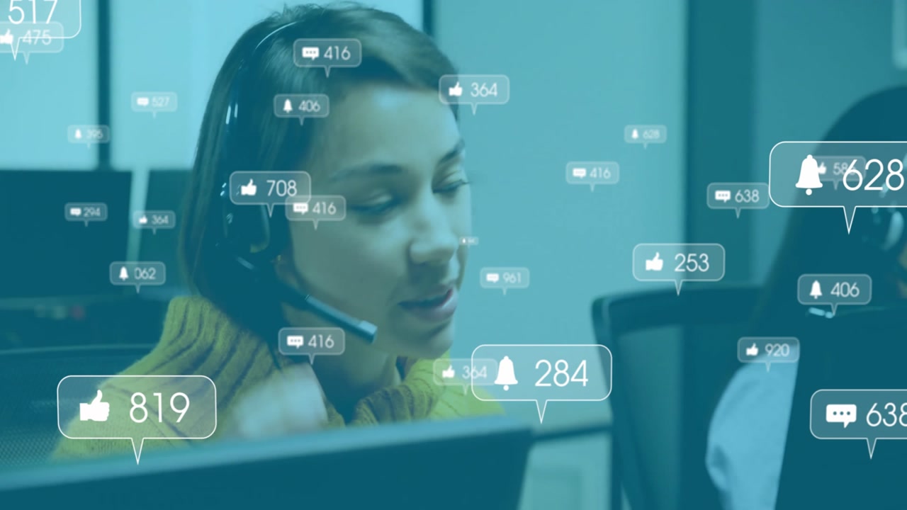Office agent adjusting headset and speaking in cubicles, UI bubbles updating engagement counts